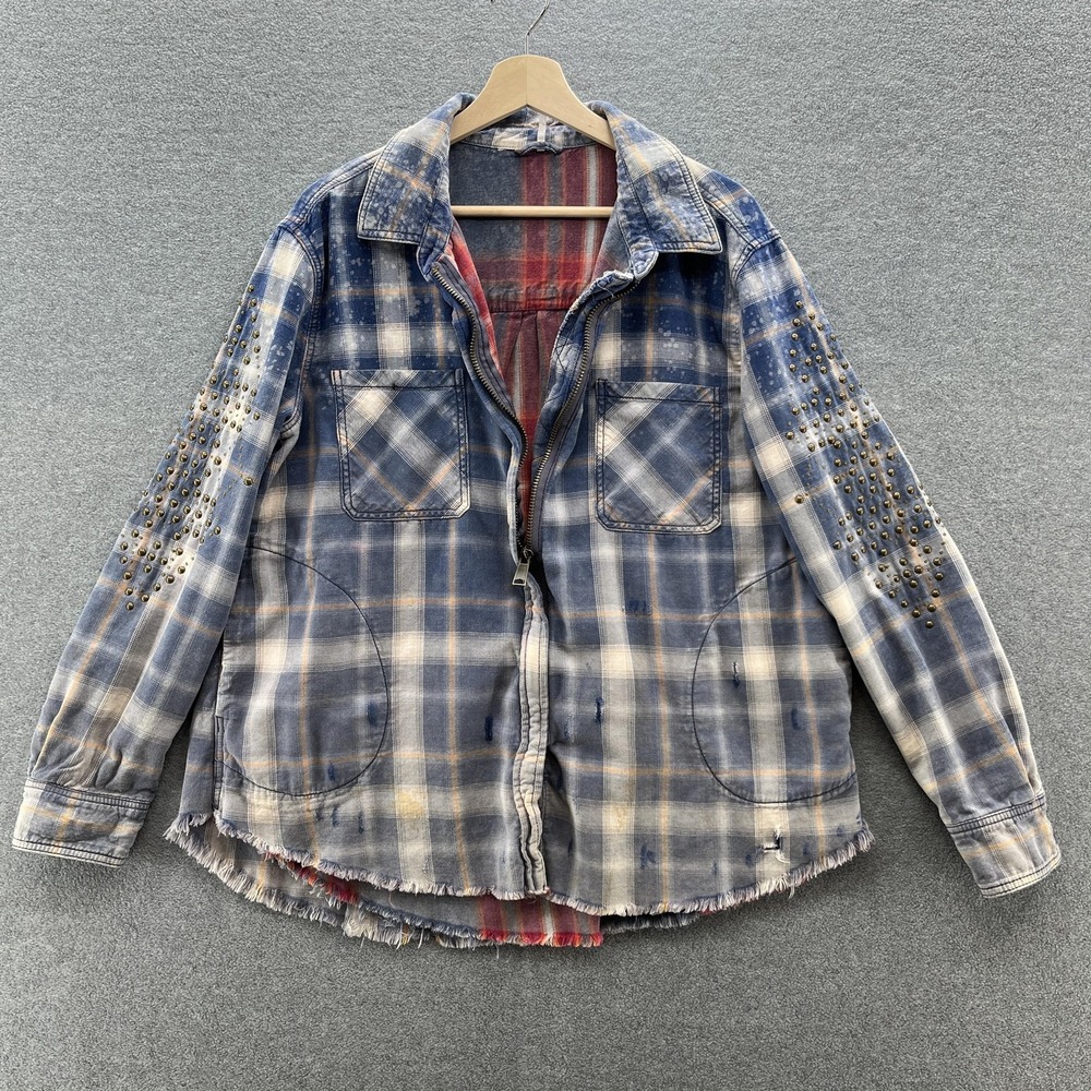 Free People Jacket Women Small Blue Plaid Deconstructed Boho Flannel Zip Grunge